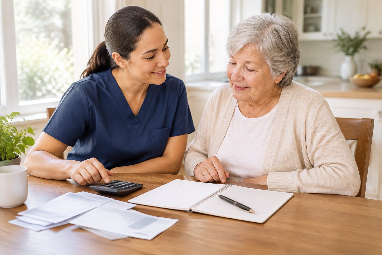An older adult and a caregiver review household finances at a kitchen table.