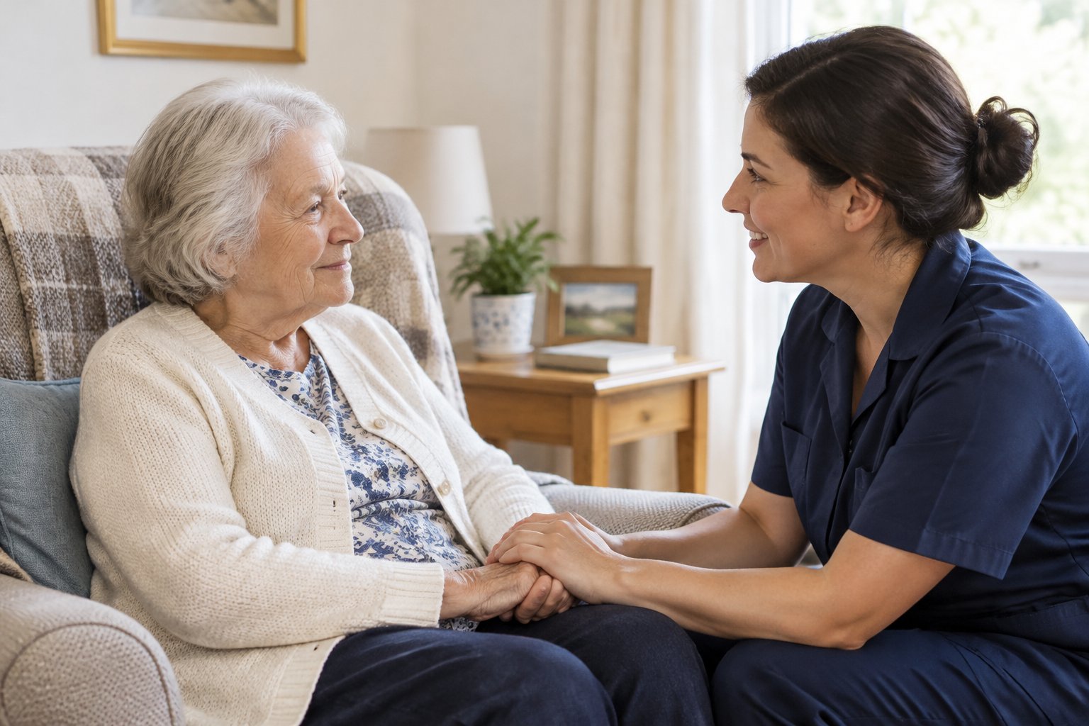 A home-care professional gently holds an older adult's hand in a living room.