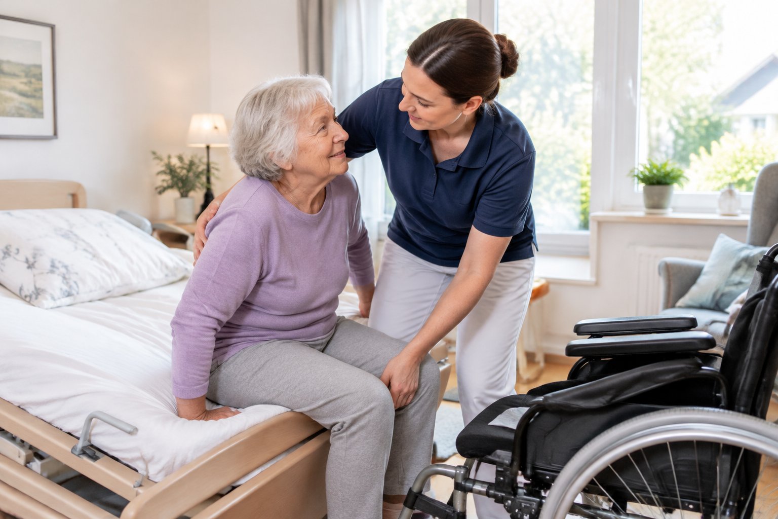 Eine Pflegekraft hilft einer älteren Person zu Hause beim Umsetzen vom Bett in einen Rollstuhl.