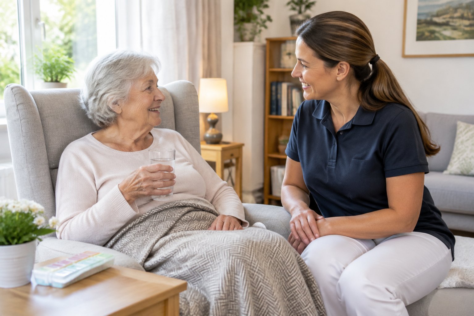 Eine Betreuungskraft sitzt neben einer älteren Person in deren Wohnzimmer.