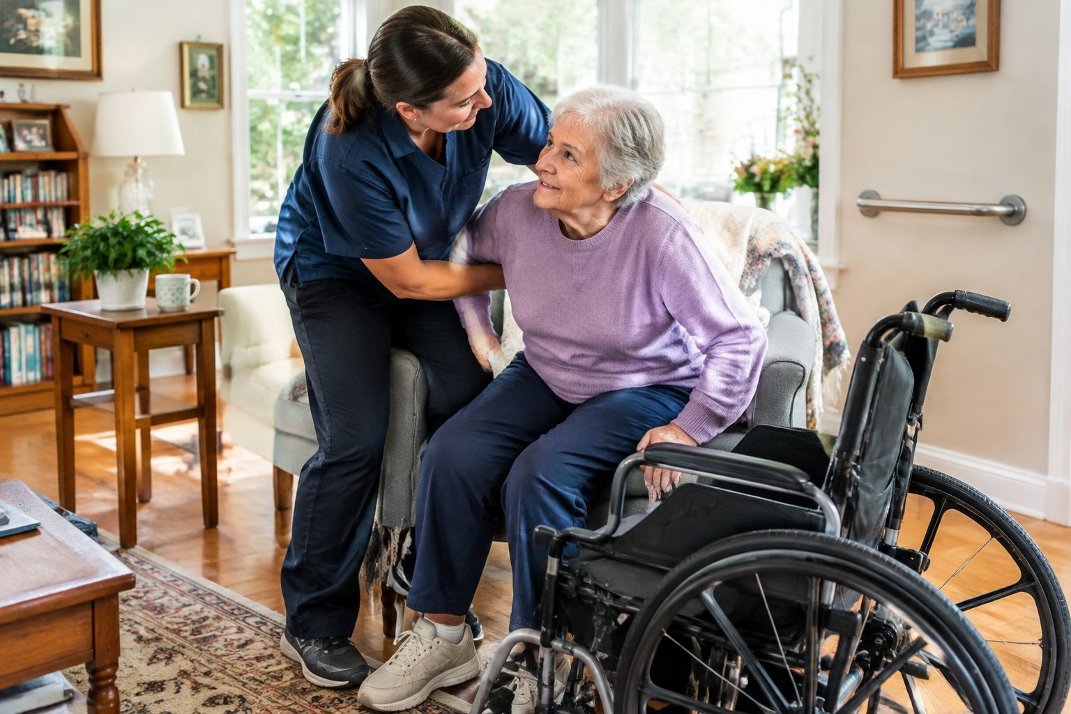Eine Pflegekraft unterstützt eine ältere Person im Wohnzimmer beim Umsetzen in einen Rollstuhl.
