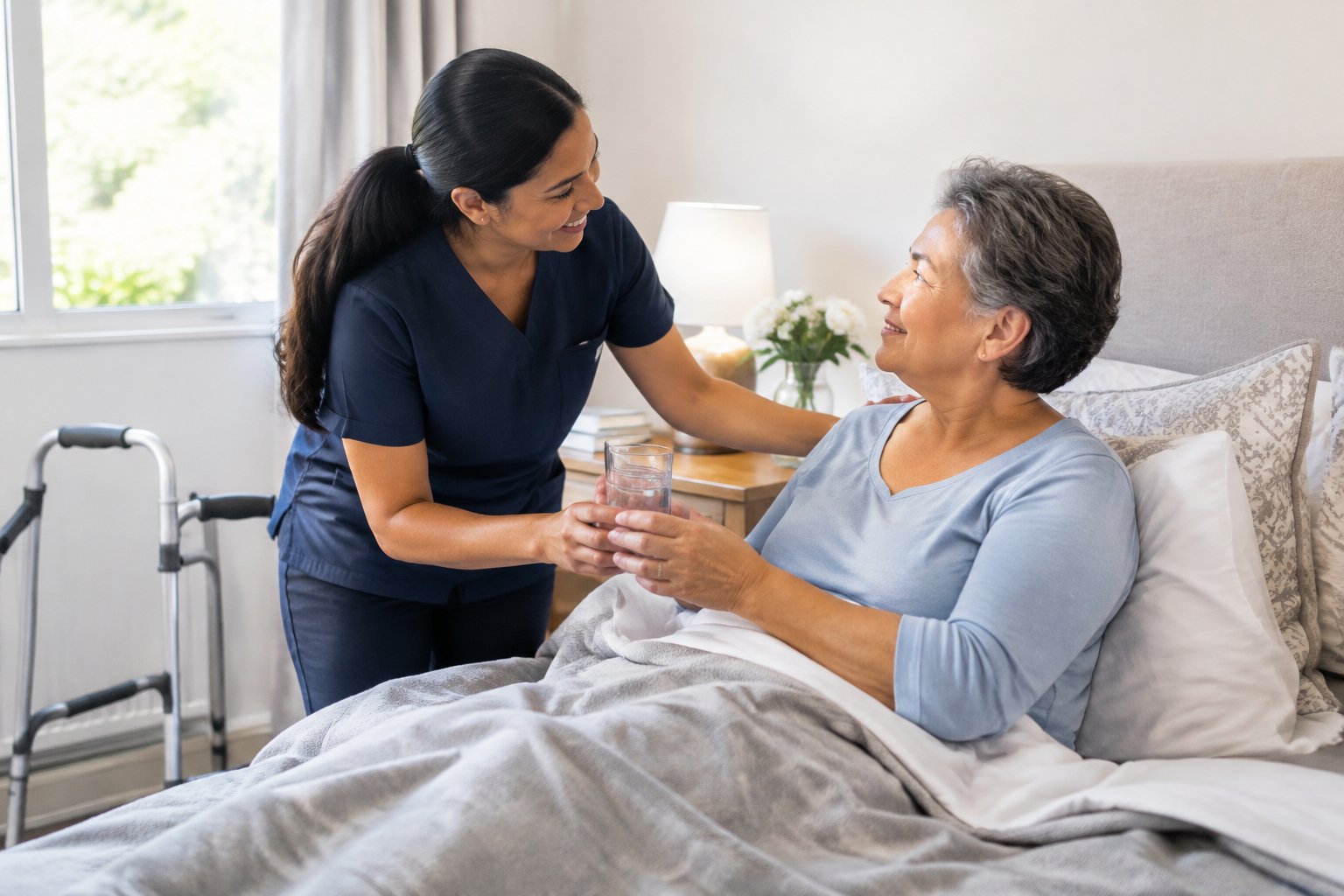 Eine Pflegekraft unterstützt eine Patientin oder einen Patienten nach einer Operation zu Hause.